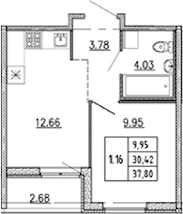 1-комнатная квартира 30.42 м², 22/22 эт., ЖК «Новые горизонты 2»